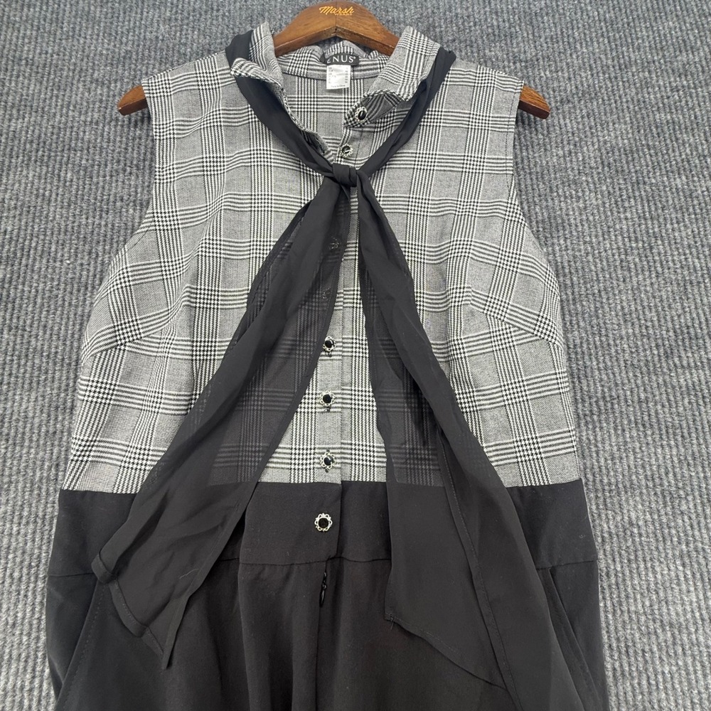 Venus Jumpsuit Womens 14 Black Grey Excellent Plaid Chiffon Tie Neck Sleeveless